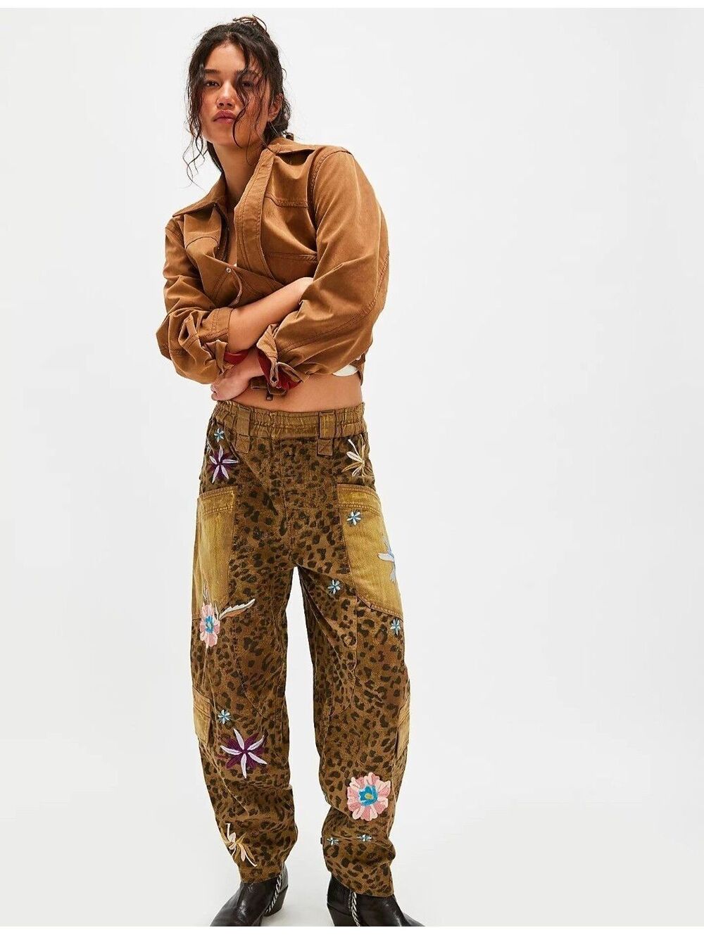 Free People Leopard Print Embroidered Cargo Utility Pants